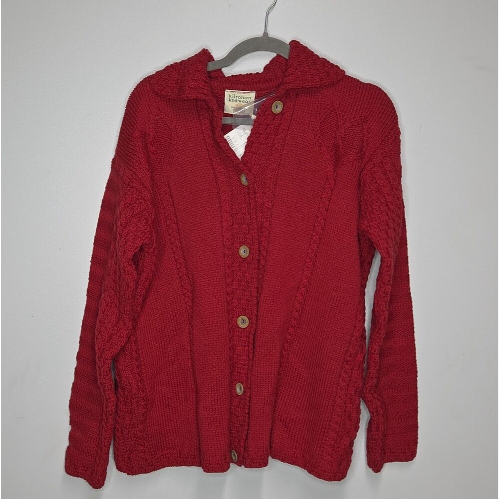 Kilronan Knitwear Irish Wool Cable Knit Cardigan Sweater NWT Red Ireland Large
